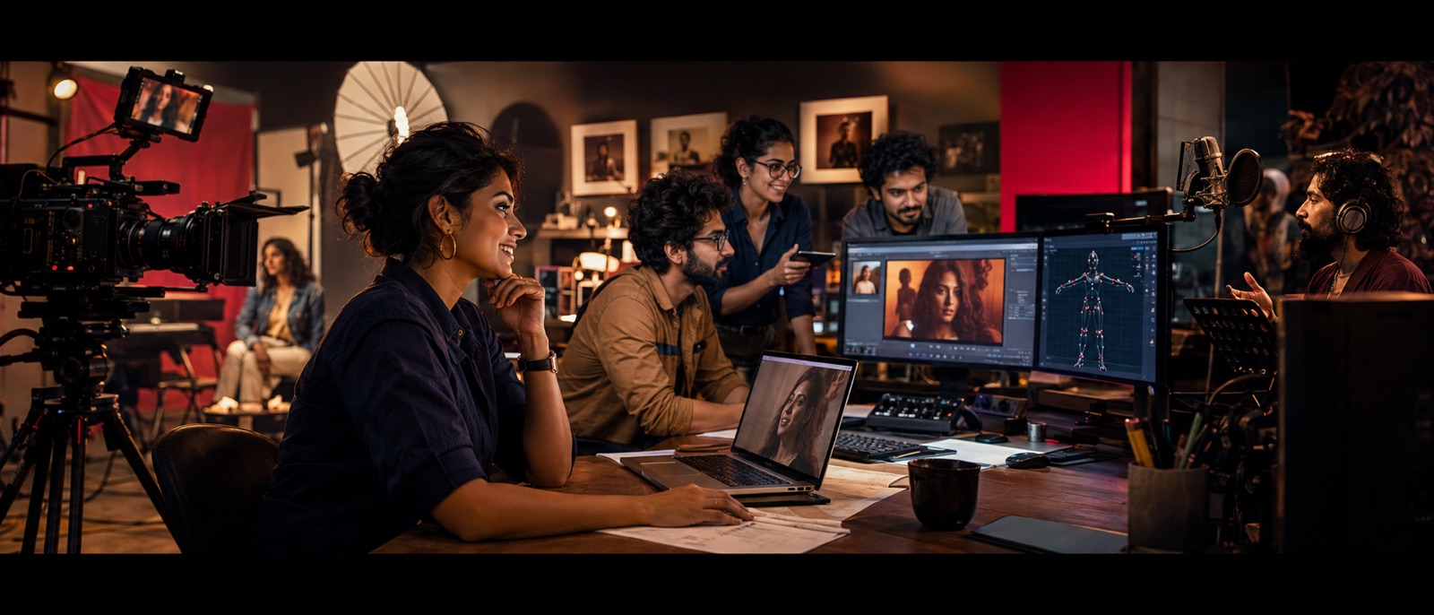 Creator collaborating with a team across film, motion capture, and music production